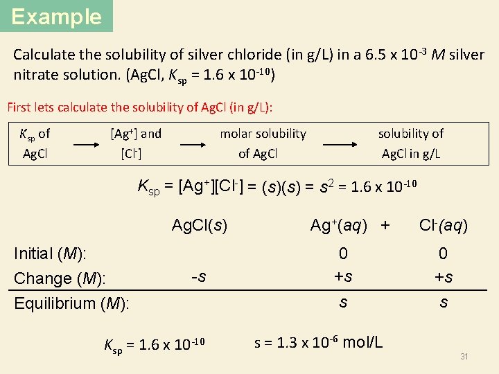 Example Calculate the solubility of silver chloride (in g/L) in a 6. 5 x