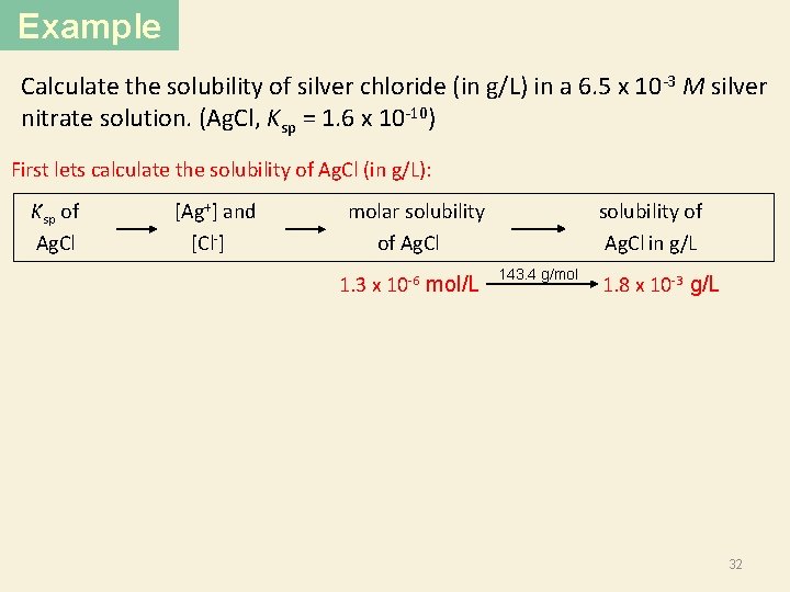 Example Calculate the solubility of silver chloride (in g/L) in a 6. 5 x