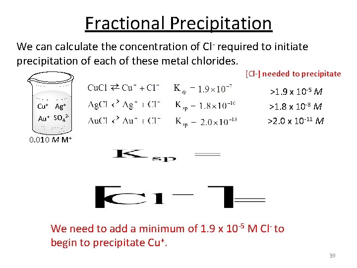 Fractional Precipitation We can calculate the concentration of Cl- required to initiate precipitation of