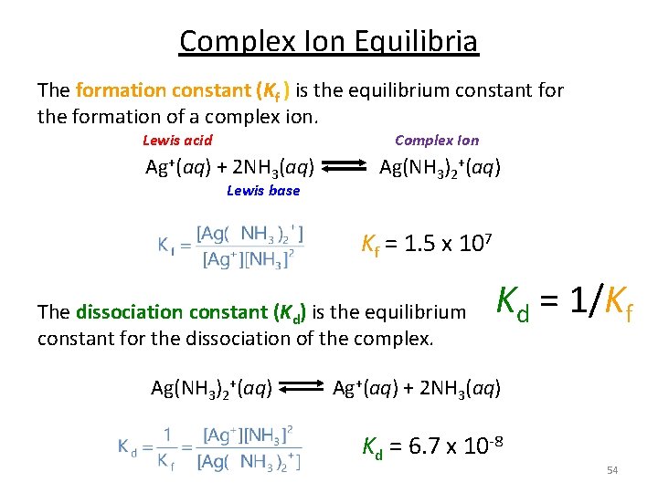 Complex Ion Equilibria The formation constant (Kf ) is the equilibrium constant for the