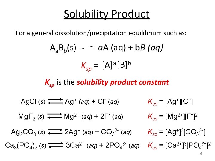 Solubility Product For a general dissolution/precipitation equilibrium such as: Aa. Bb(s) a. A (aq)