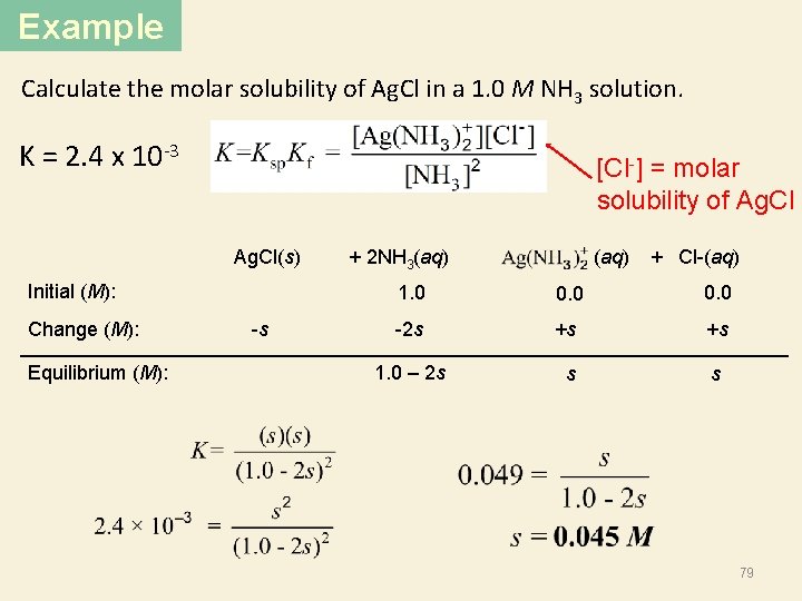 Example Calculate the molar solubility of Ag. Cl in a 1. 0 M NH