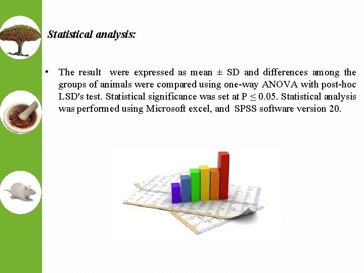 Statistical analysis: • The result were expressed as mean ± SD and differences among
