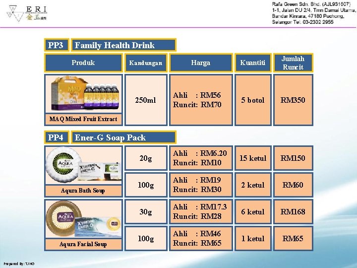 PP 3 Family Health Drink Produk Kuantiti Jumlah Runcit Ahli : RM 56 Runcit: