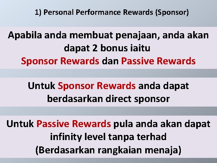1) Personal Performance Rewards (Sponsor) Apabila anda membuat penajaan, anda akan dapat 2 bonus