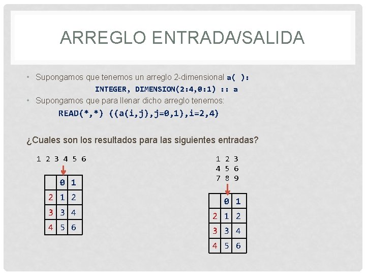 ARREGLO ENTRADA/SALIDA • Supongamos que tenemos un arreglo 2 -dimensional a( ): INTEGER, DIMENSION(2: