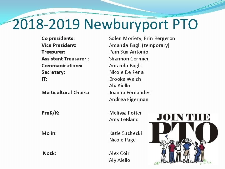 2018 -2019 Newburyport PTO Co presidents: Vice President: Treasurer: Assistant Treasurer : Communications: Secretary: