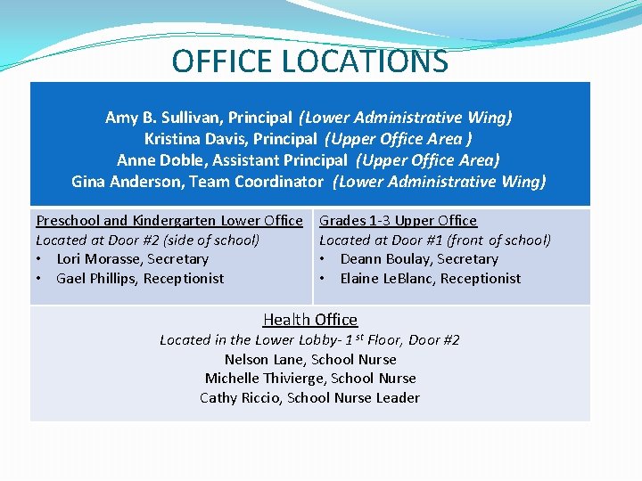 OFFICE LOCATIONS Amy B. Sullivan, Principal (Lower Administrative Wing) Kristina Davis, Principal (Upper Office