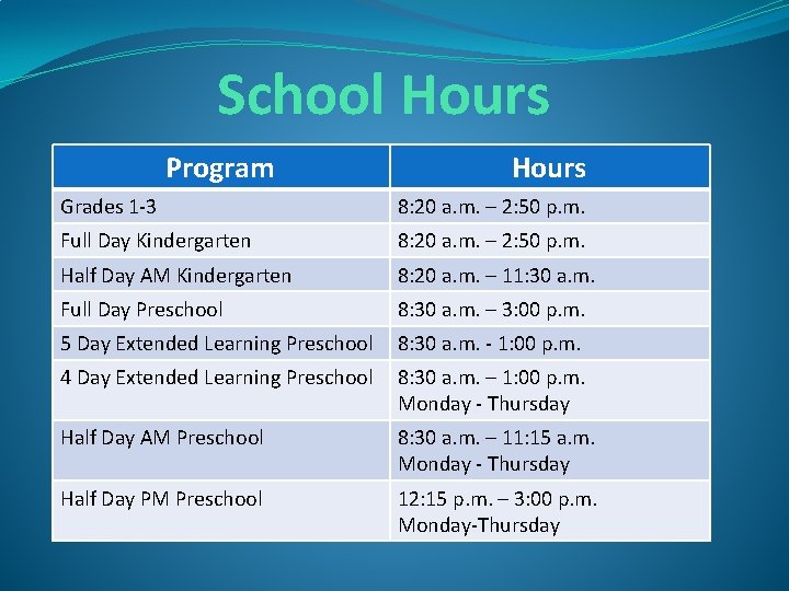 School Hours Program Hours Grades 1 -3 8: 20 a. m. – 2: 50