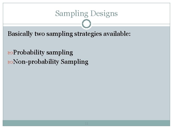Sampling Designs Basically two sampling strategies available: Probability sampling Non-probability Sampling 11 