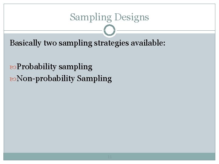 Sampling Designs Basically two sampling strategies available: Probability sampling Non-probability Sampling 11 Sampling Designs Basically two sampling strategies available: Probability sampling Non-probability Sampling 11