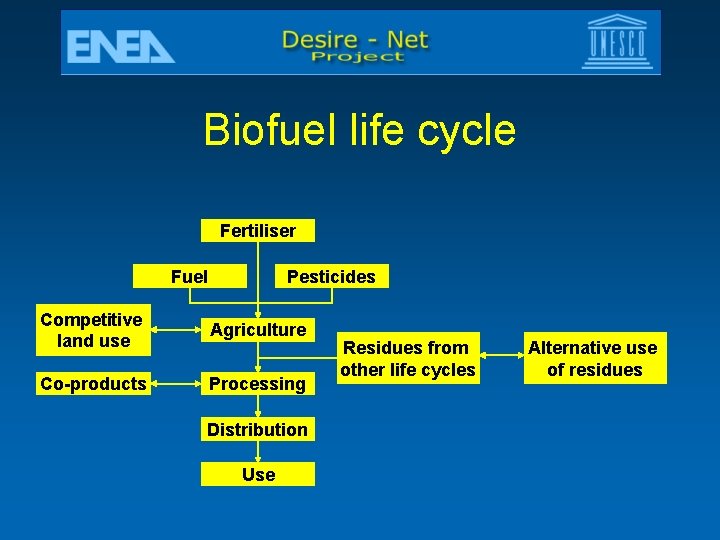 Biofuel life cycle Fertiliser Fuel Pesticides Competitive land use Agriculture Co-products Processing Distribution Use