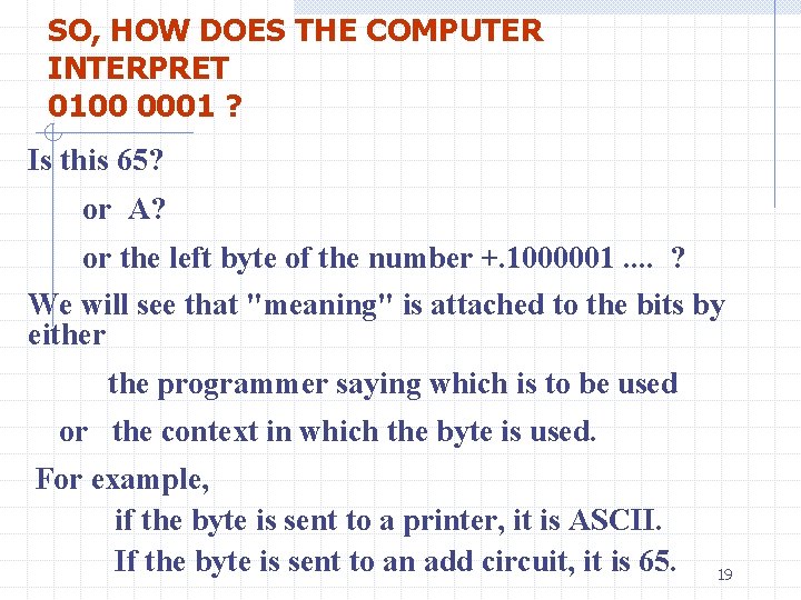 SO, HOW DOES THE COMPUTER INTERPRET 0100 0001 ? Is this 65? or A?