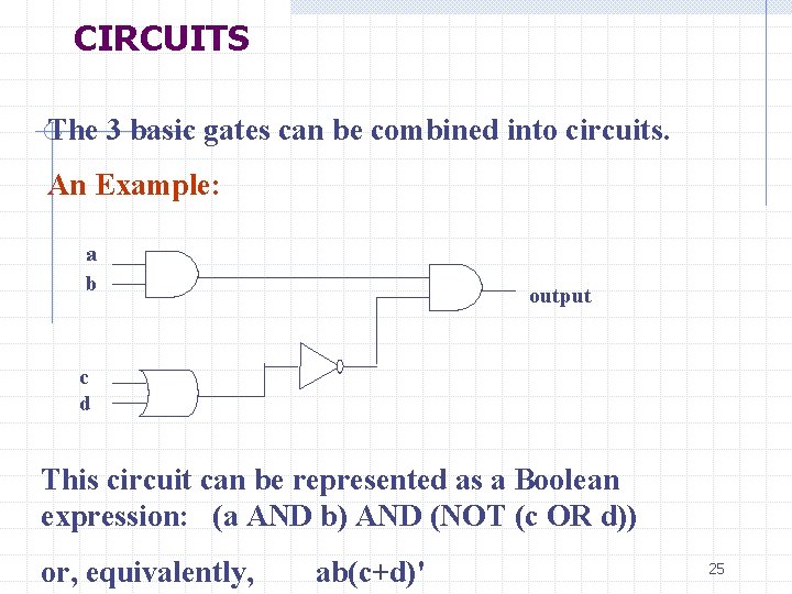 CIRCUITS The 3 basic gates can be combined into circuits. An Example: a b