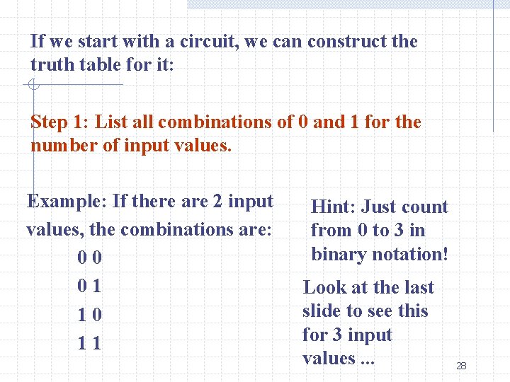 If we start with a circuit, we can construct the truth table for it:
