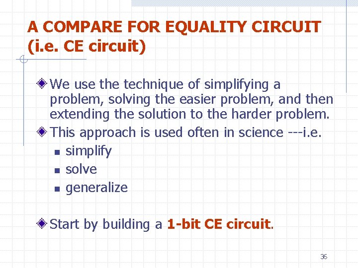 A COMPARE FOR EQUALITY CIRCUIT (i. e. CE circuit) We use the technique of