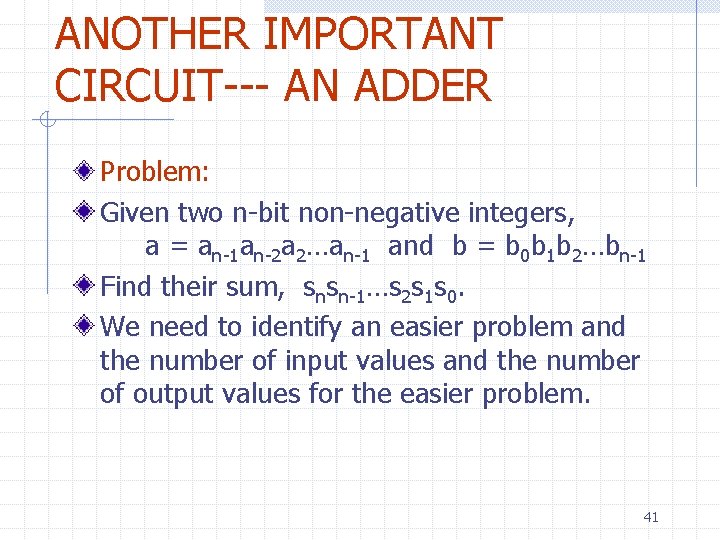 ANOTHER IMPORTANT CIRCUIT--- AN ADDER Problem: Given two n-bit non-negative integers, a = an-1