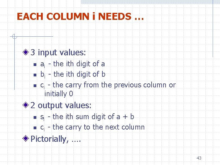 EACH COLUMN i NEEDS … 3 input values: n n n ai - the