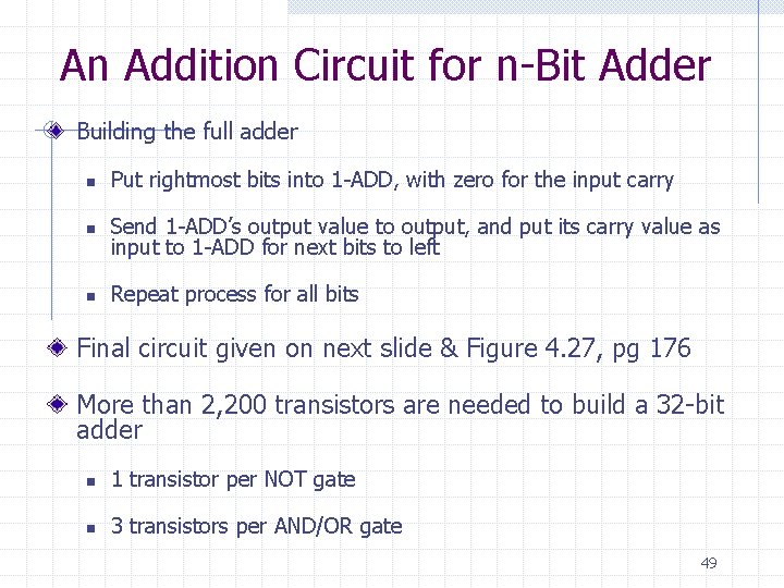 An Addition Circuit for n-Bit Adder Building the full adder n Put rightmost bits