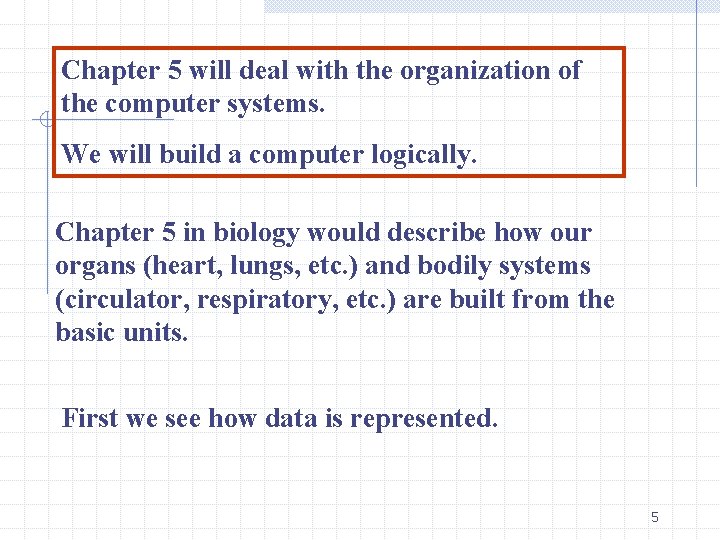 Chapter 5 will deal with the organization of the computer systems. We will build