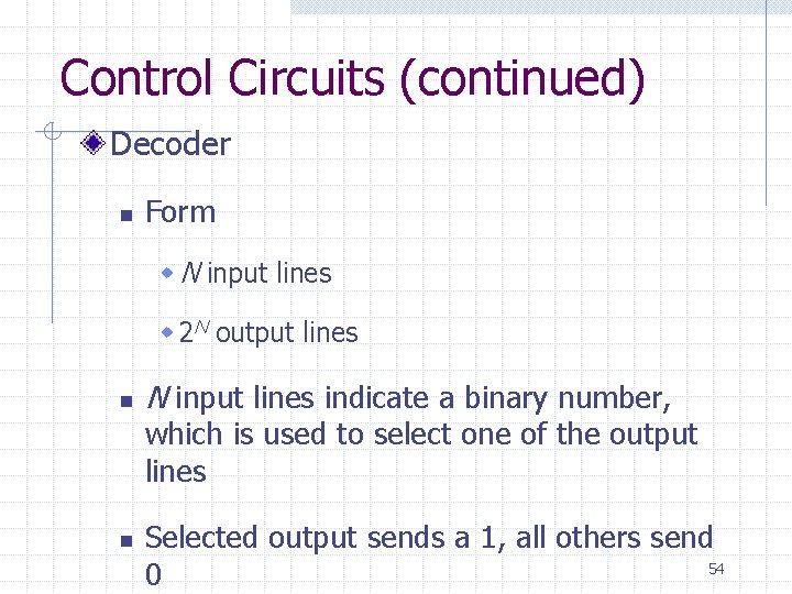 Control Circuits (continued) Decoder n Form w N input lines w 2 N output