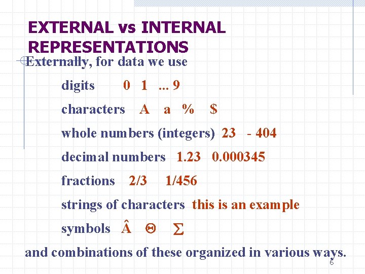 EXTERNAL vs INTERNAL REPRESENTATIONS Externally, for data we use digits 0 1. . .