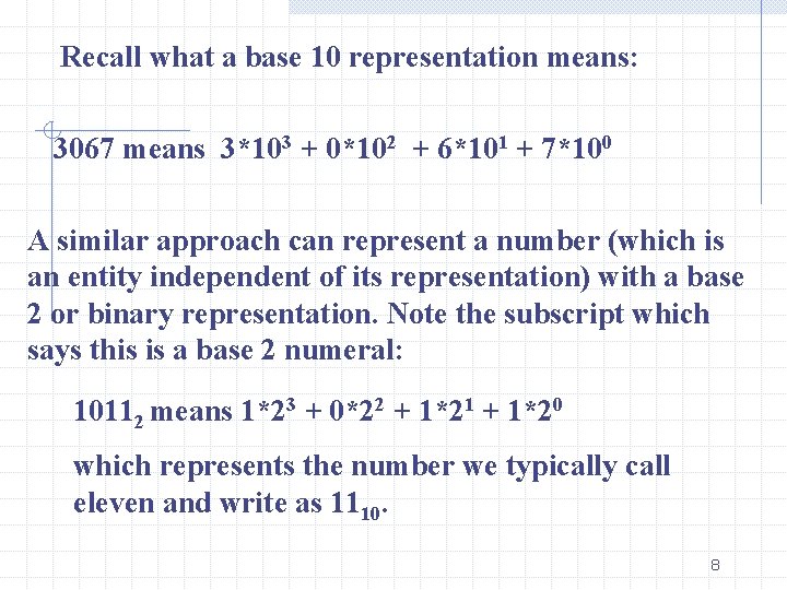 Recall what a base 10 representation means: 3067 means 3*103 + 0*102 + 6*101