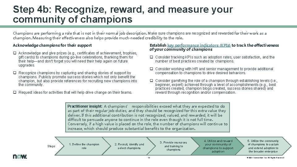 Step 4 b: Recognize, reward, and measure your community of champions Champions are performing