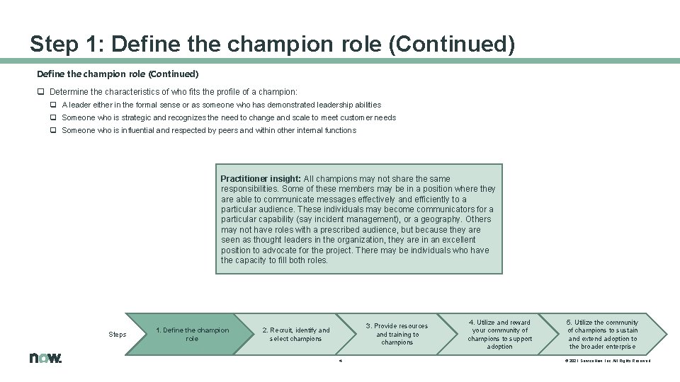 Step 1: Define the champion role (Continued) q Determine the characteristics of who fits