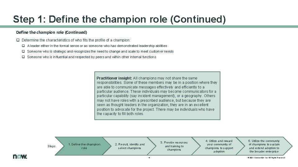 Step 1: Define the champion role (Continued) q Determine the characteristics of who fits Step 1: Define the champion role (Continued) q Determine the characteristics of who fits
