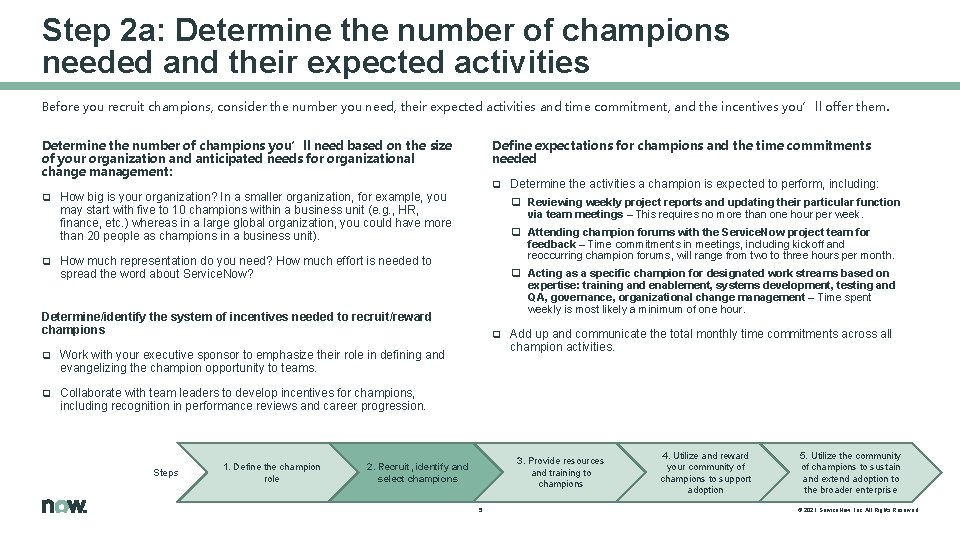 Step 2 a: Determine the number of champions needed and their expected activities Before