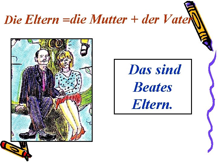 Die Eltern = die Mutter + der Vater Das sind Beates Eltern. Die Eltern = die Mutter + der Vater Das sind Beates Eltern.
