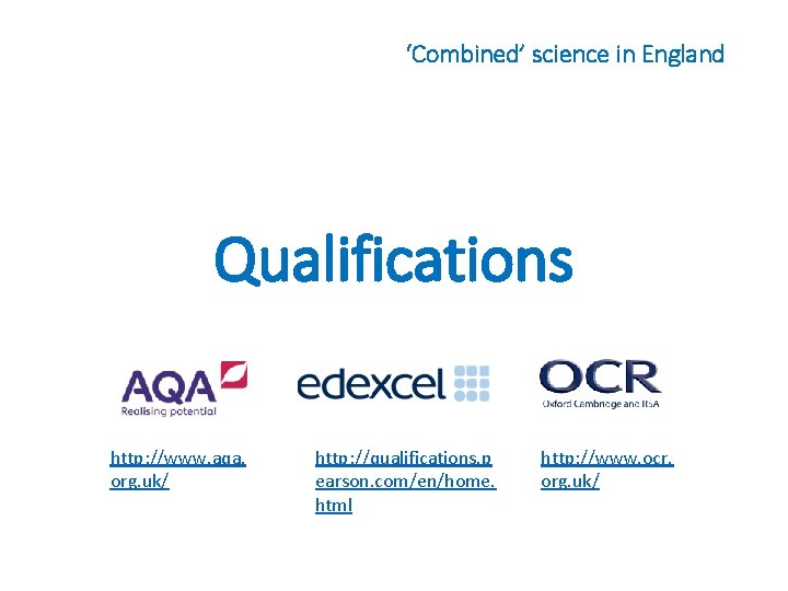‘Combined’ science in England Qualifications http: //www. aqa. org. uk/ http: //qualifications. p earson.
