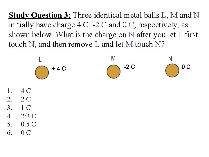 Study Question 3: Three identical metal balls L, M and N initially have charge