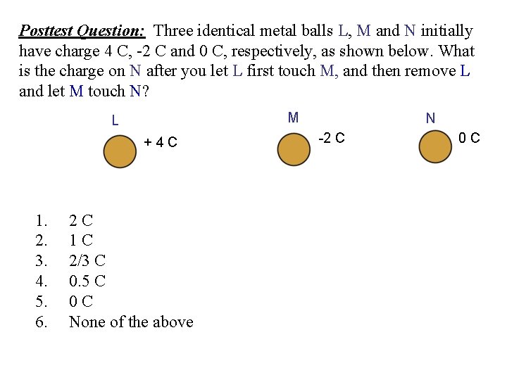 Posttest Question: Three identical metal balls L, M and N initially have charge 4