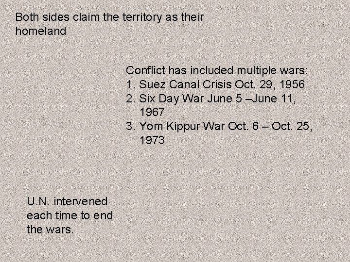 Both sides claim the territory as their homeland Conflict has included multiple wars: 1.