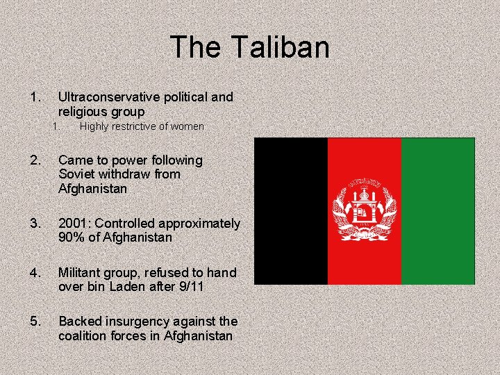The Taliban 1. Ultraconservative political and religious group 1. Highly restrictive of women 2.