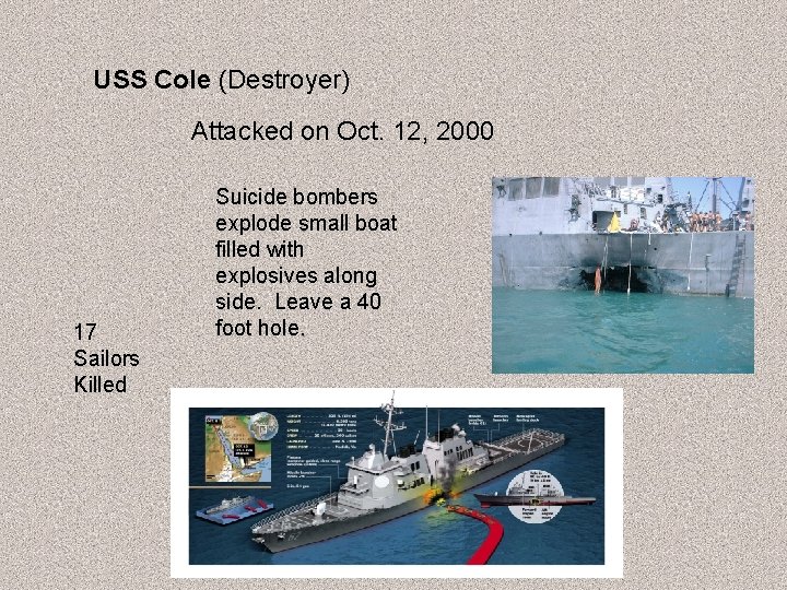 USS Cole (Destroyer) Attacked on Oct. 12, 2000 17 Sailors Killed Suicide bombers explode