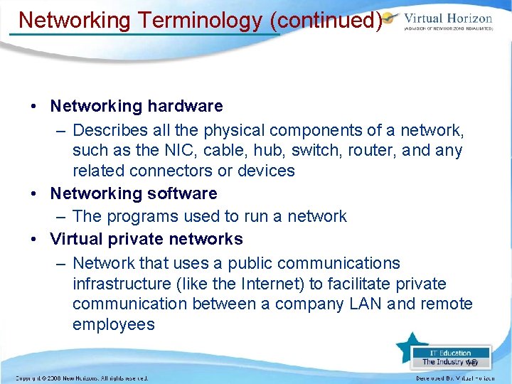Networking Terminology (continued) • Networking hardware – Describes all the physical components of a