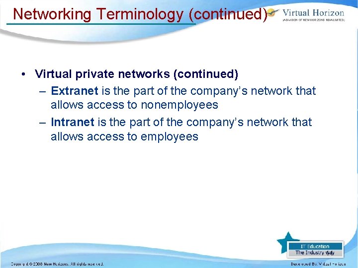 Networking Terminology (continued) • Virtual private networks (continued) – Extranet is the part of