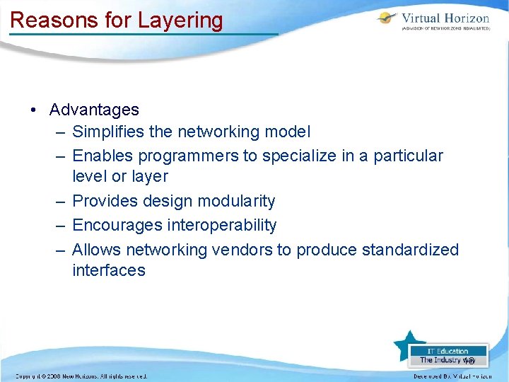 Reasons for Layering • Advantages – Simplifies the networking model – Enables programmers to