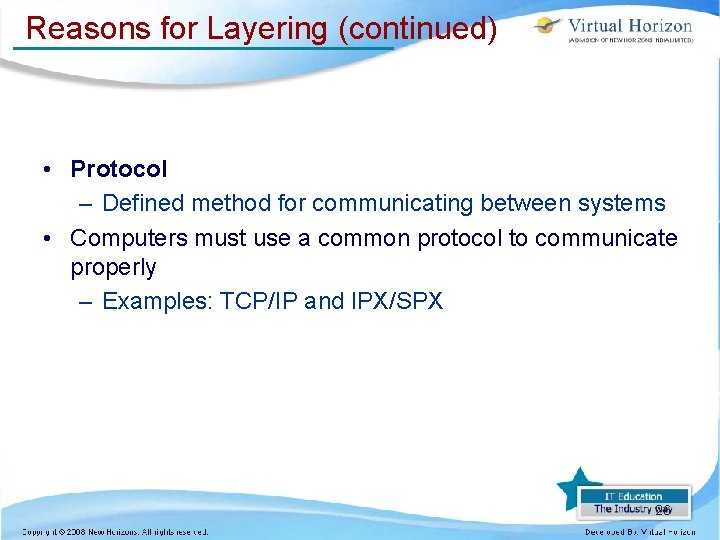 Reasons for Layering (continued) • Protocol – Defined method for communicating between systems •