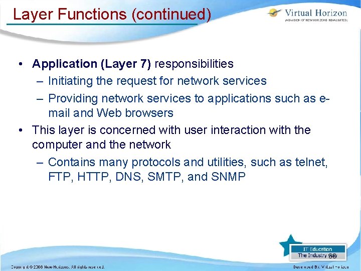 Layer Functions (continued) • Application (Layer 7) responsibilities – Initiating the request for network