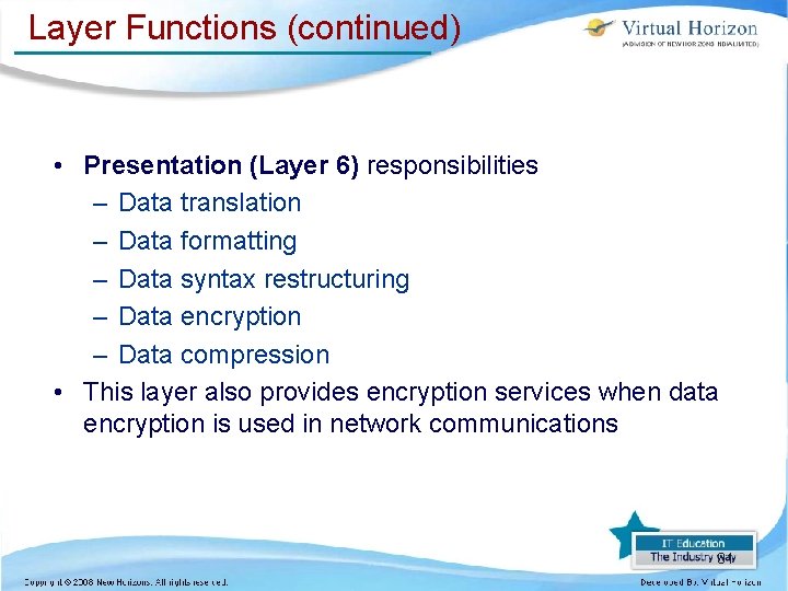 Layer Functions (continued) • Presentation (Layer 6) responsibilities – Data translation – Data formatting