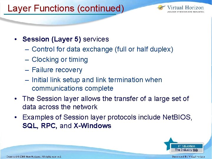 Layer Functions (continued) • Session (Layer 5) services – Control for data exchange (full