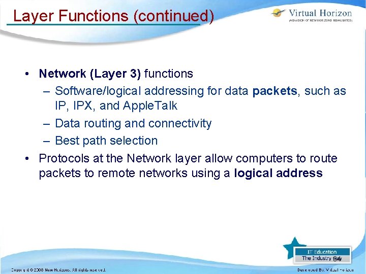 Layer Functions (continued) • Network (Layer 3) functions – Software/logical addressing for data packets,