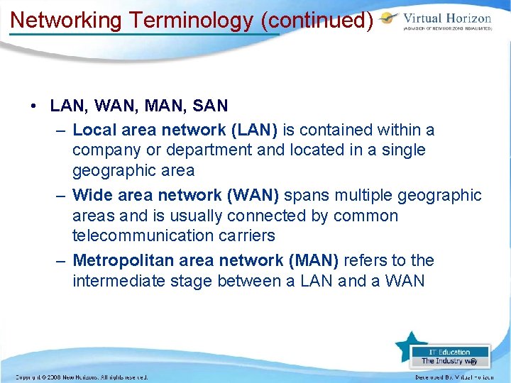 Networking Terminology (continued) • LAN, WAN, MAN, SAN – Local area network (LAN) is