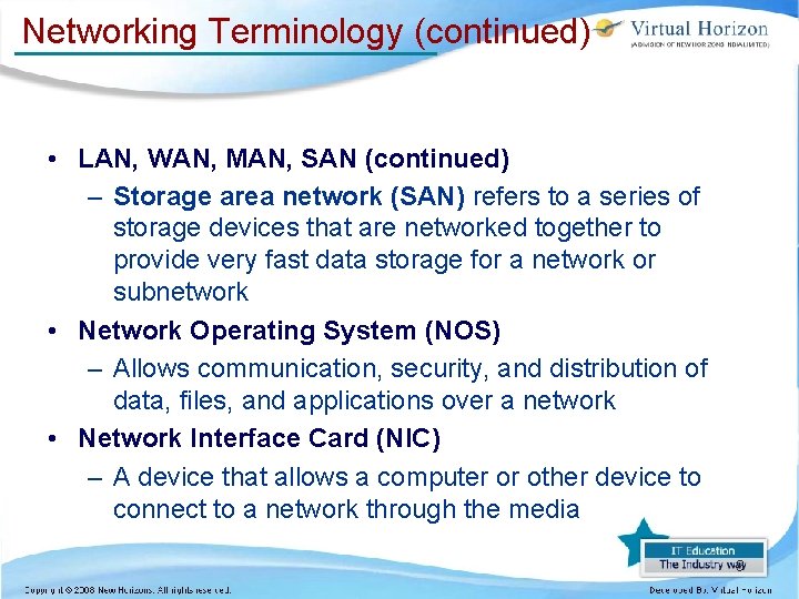 Networking Terminology (continued) • LAN, WAN, MAN, SAN (continued) – Storage area network (SAN)