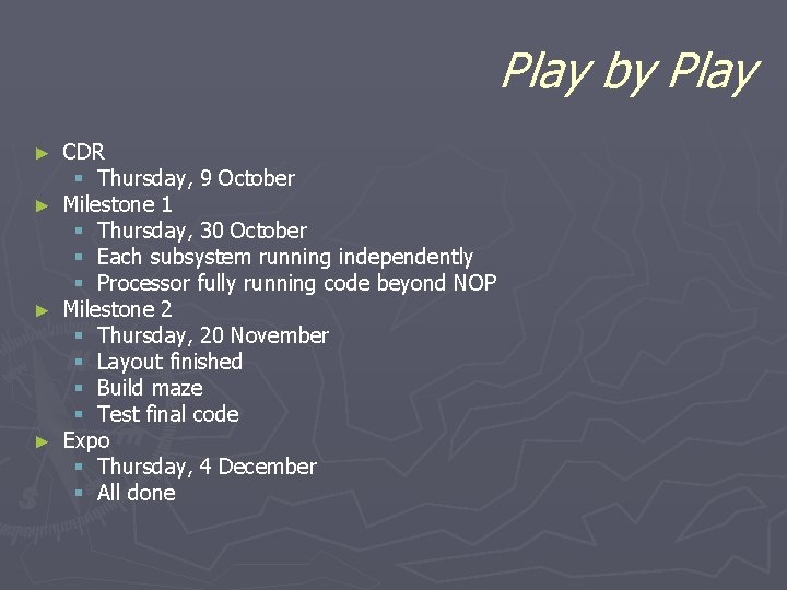 Play by Play CDR § Thursday, 9 October ► Milestone 1 § Thursday, 30