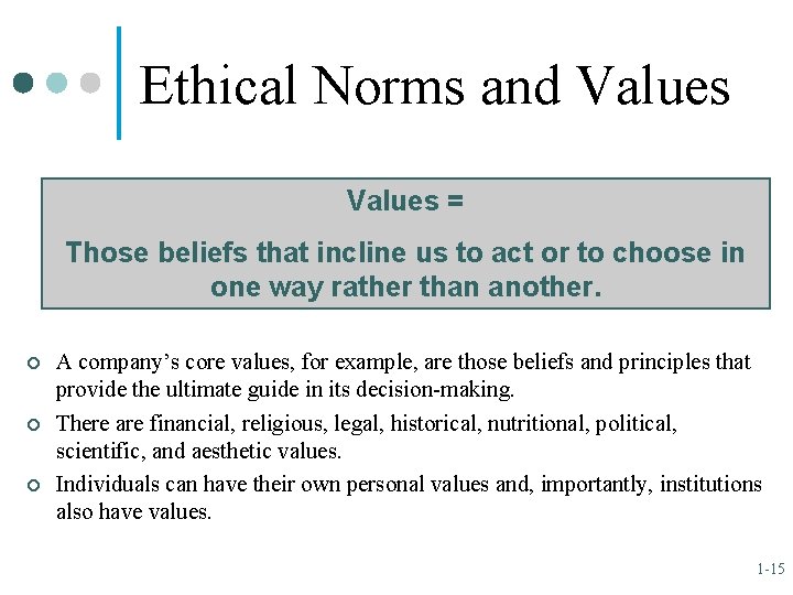 Ethical Norms and Values = Those beliefs that incline us to act or to